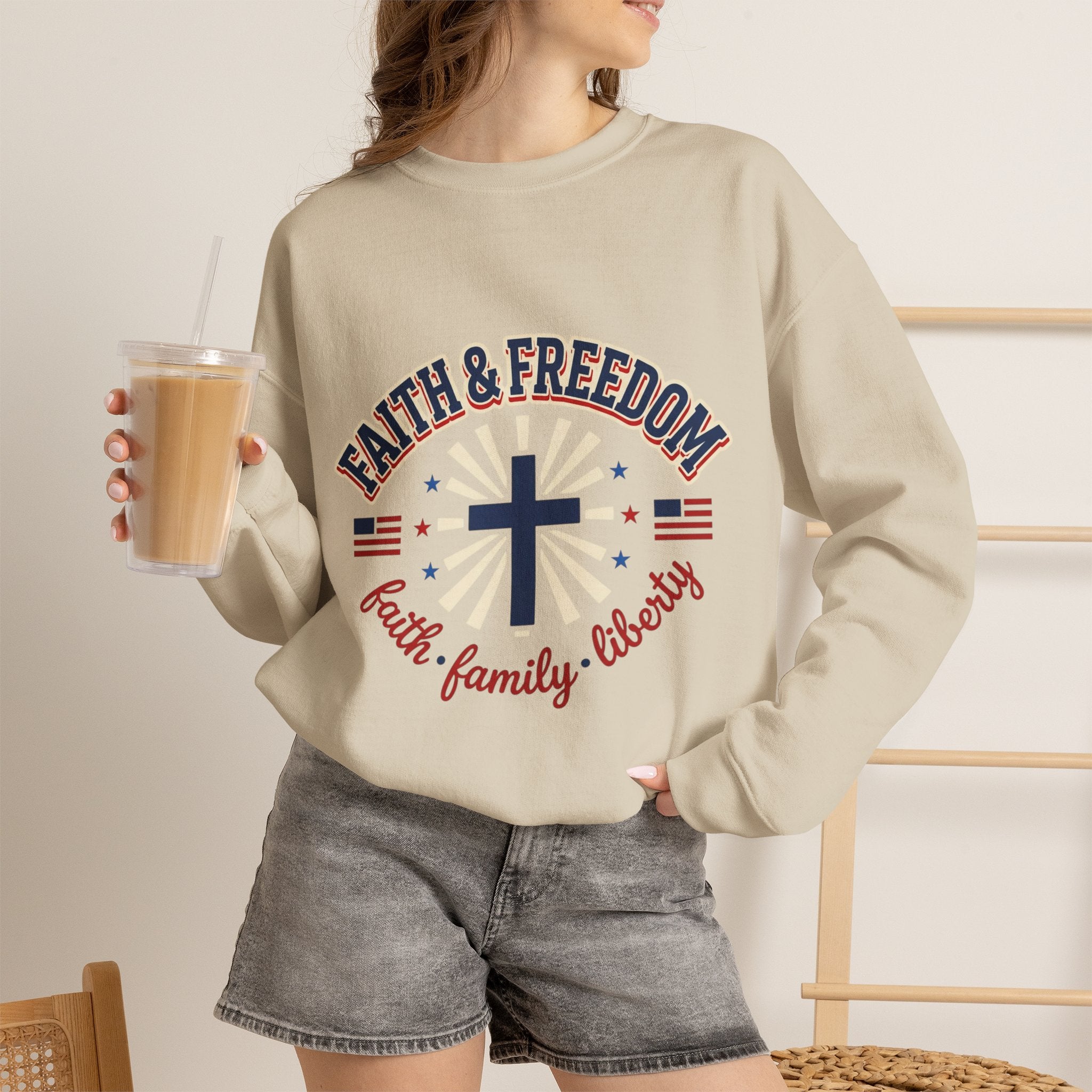 Faith & Freedom cross sweatshirt | Patriotic, faith-based July 4th vintage Americana