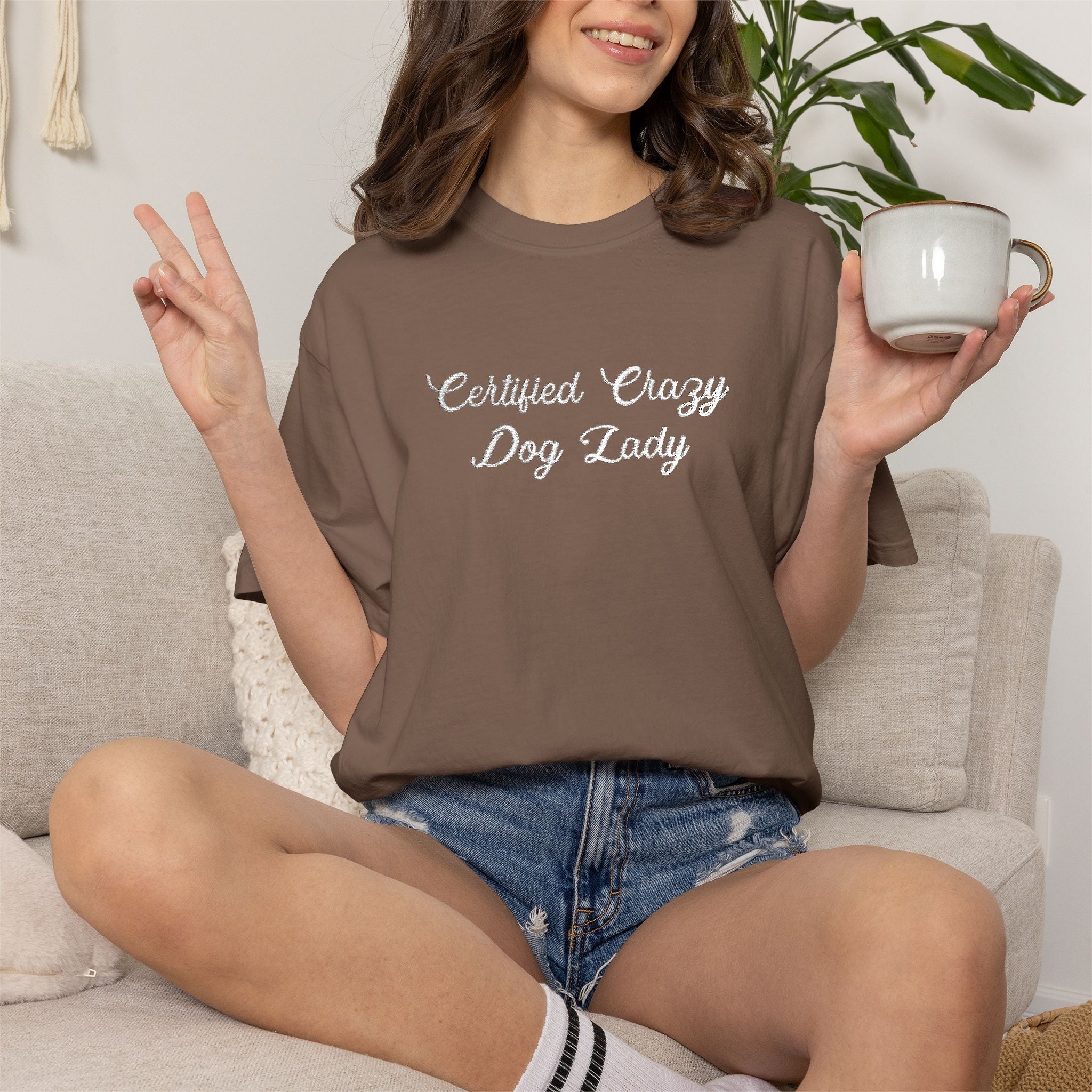 Certified Crazy Dog Lady Embroidered T-Shirt | Funny Dog Mom Tee