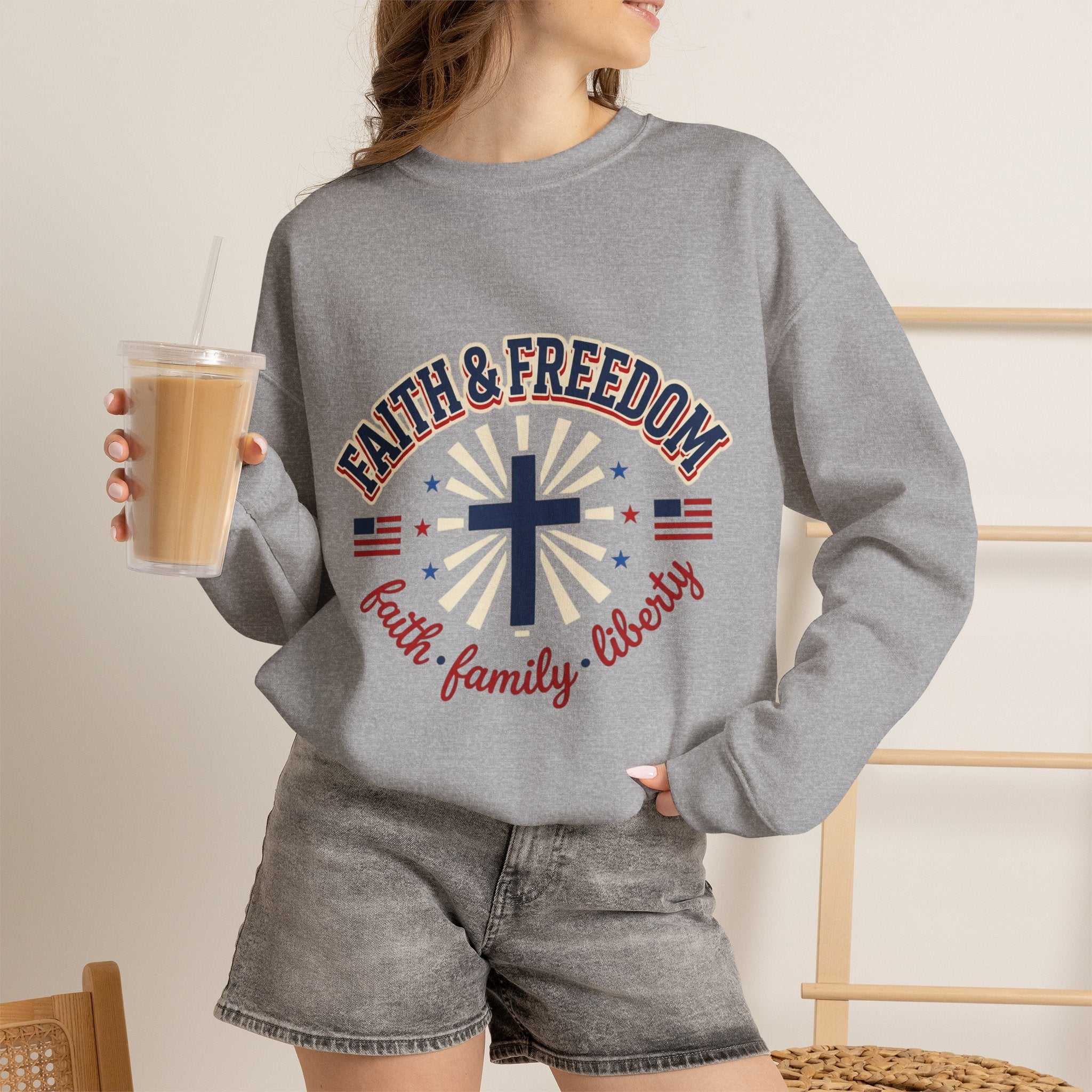 Faith & Freedom cross sweatshirt | Patriotic, faith-based July 4th vintage Americana