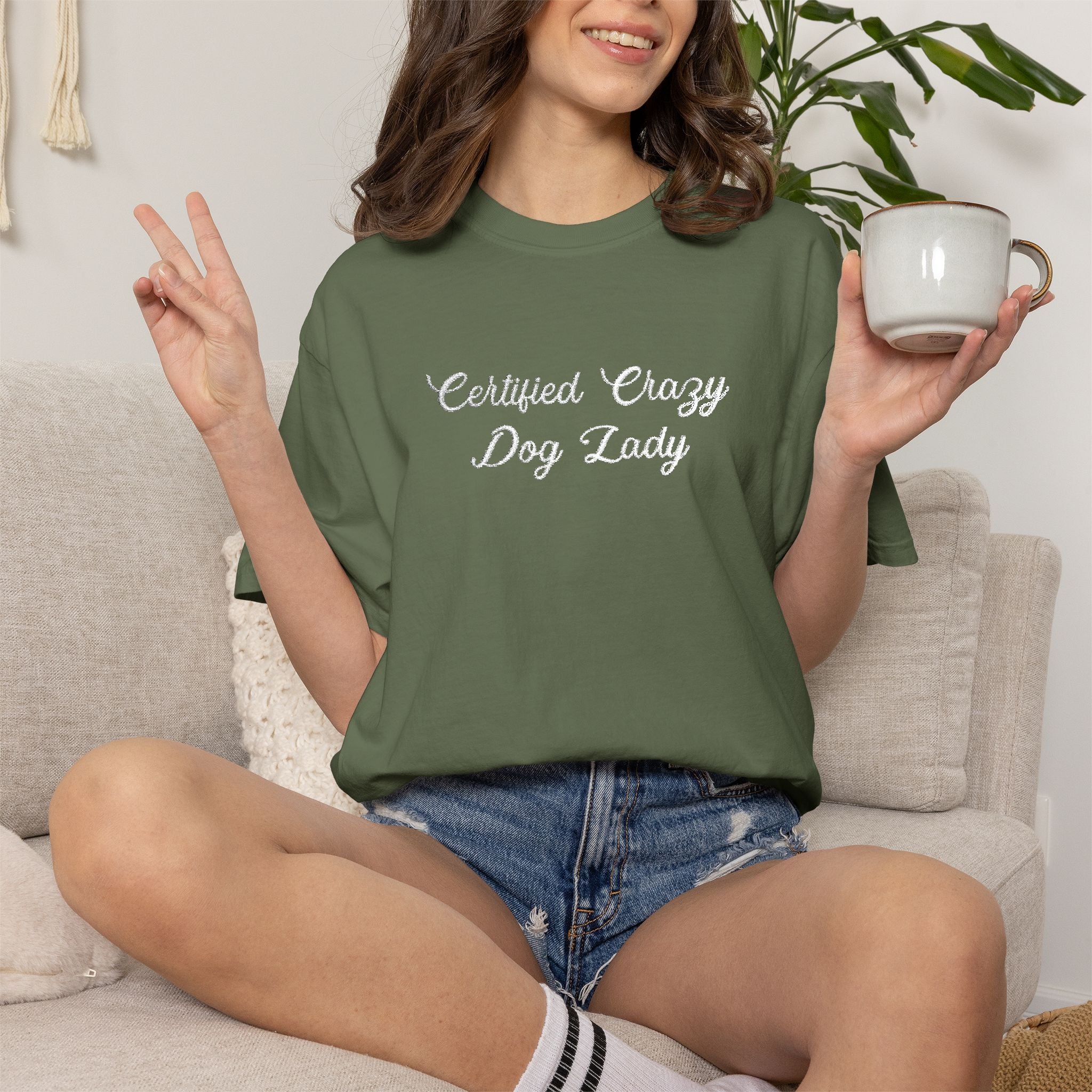 Certified Crazy Dog Lady Embroidered T-Shirt | Funny Dog Mom Tee