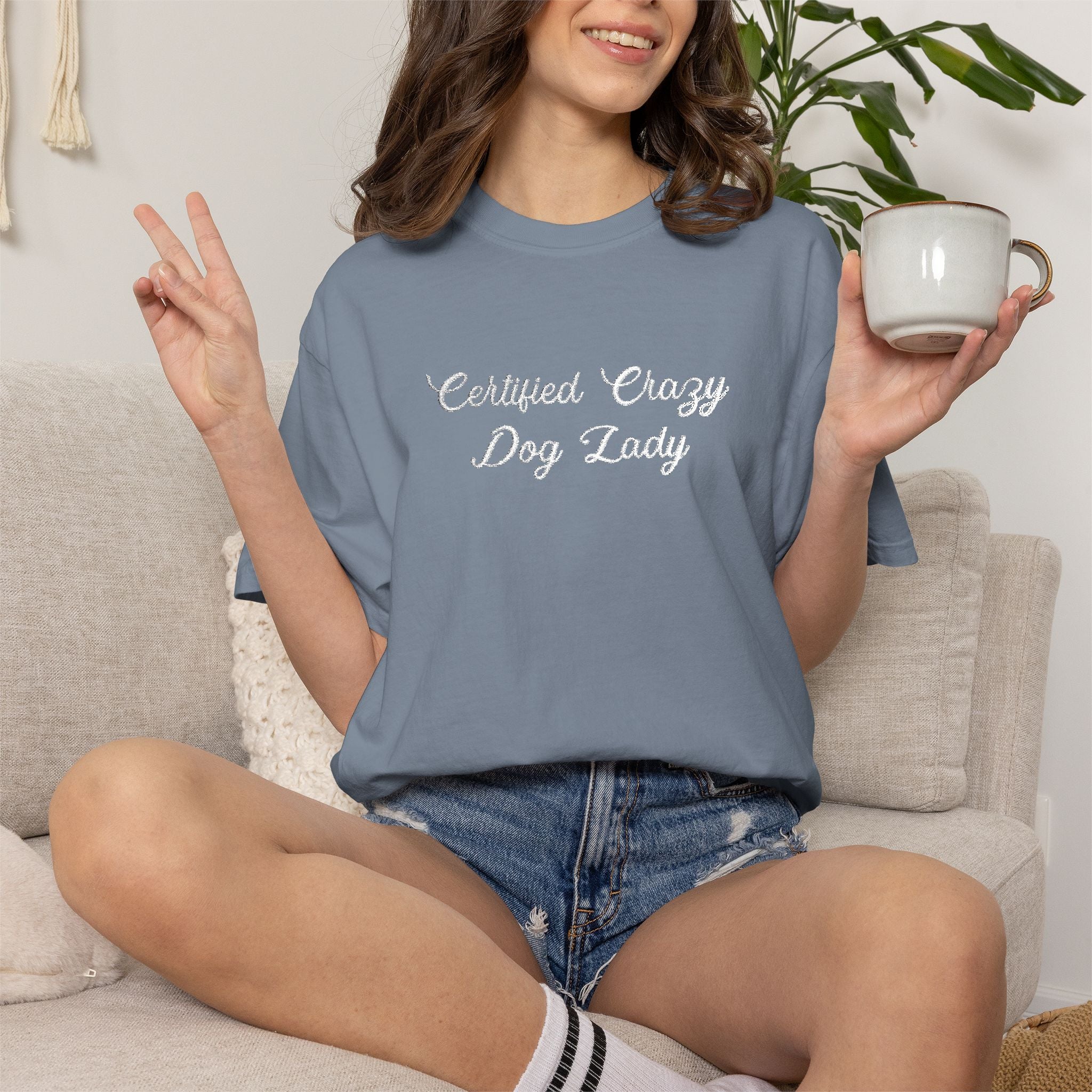 Certified Crazy Dog Lady Embroidered T-Shirt | Funny Dog Mom Tee