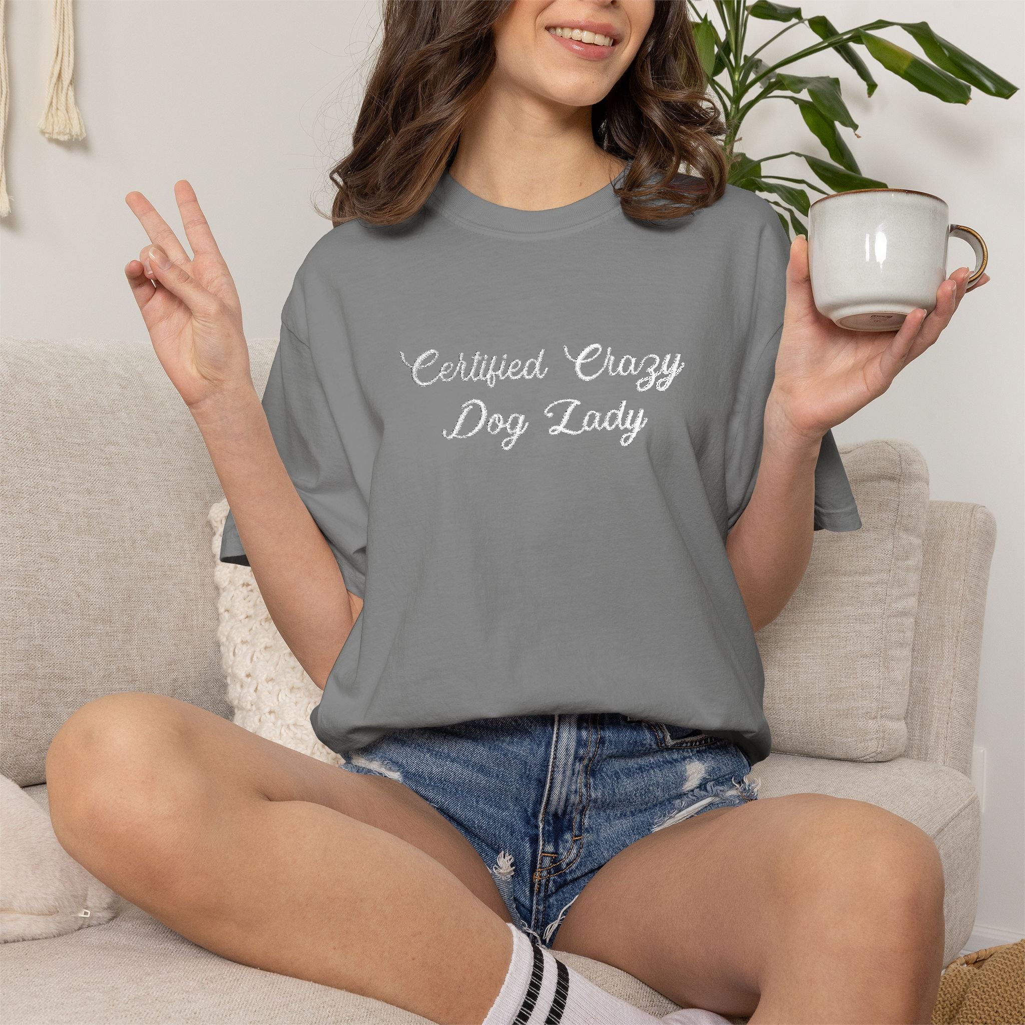 Certified Crazy Dog Lady Embroidered T-Shirt | Funny Dog Mom Tee