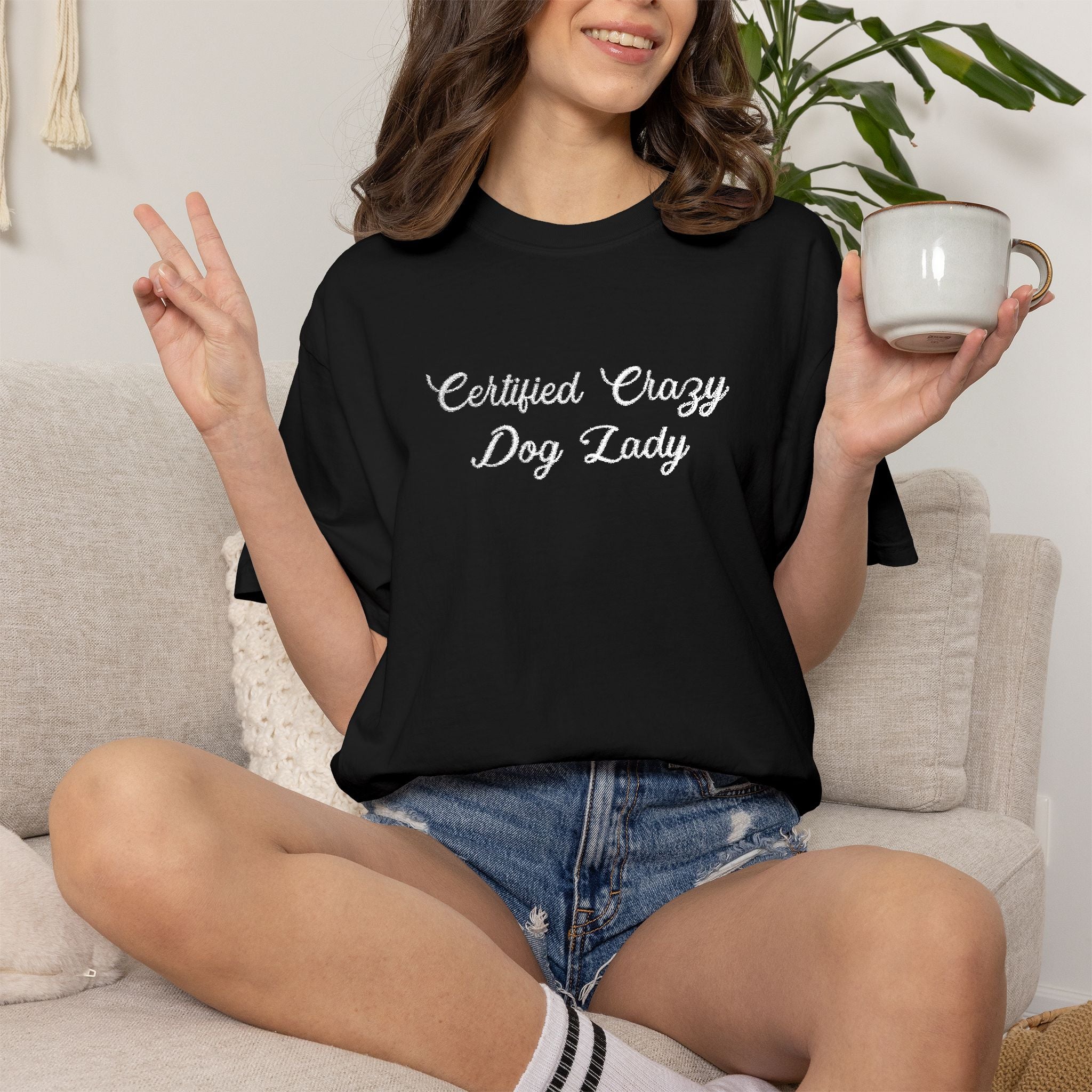 Certified Crazy Dog Lady Embroidered T-Shirt | Funny Dog Mom Tee