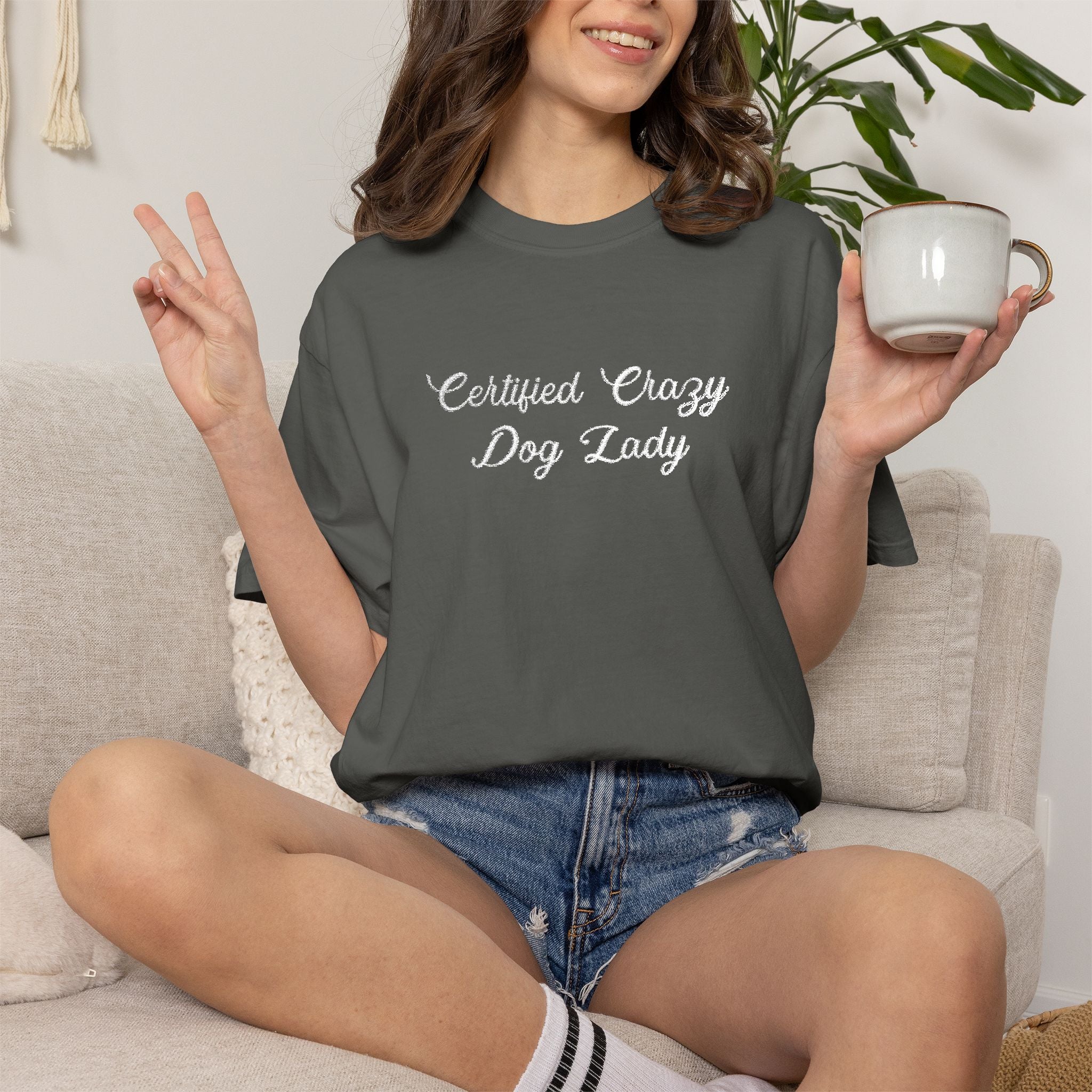 Certified Crazy Dog Lady Embroidered T-Shirt | Funny Dog Mom Tee