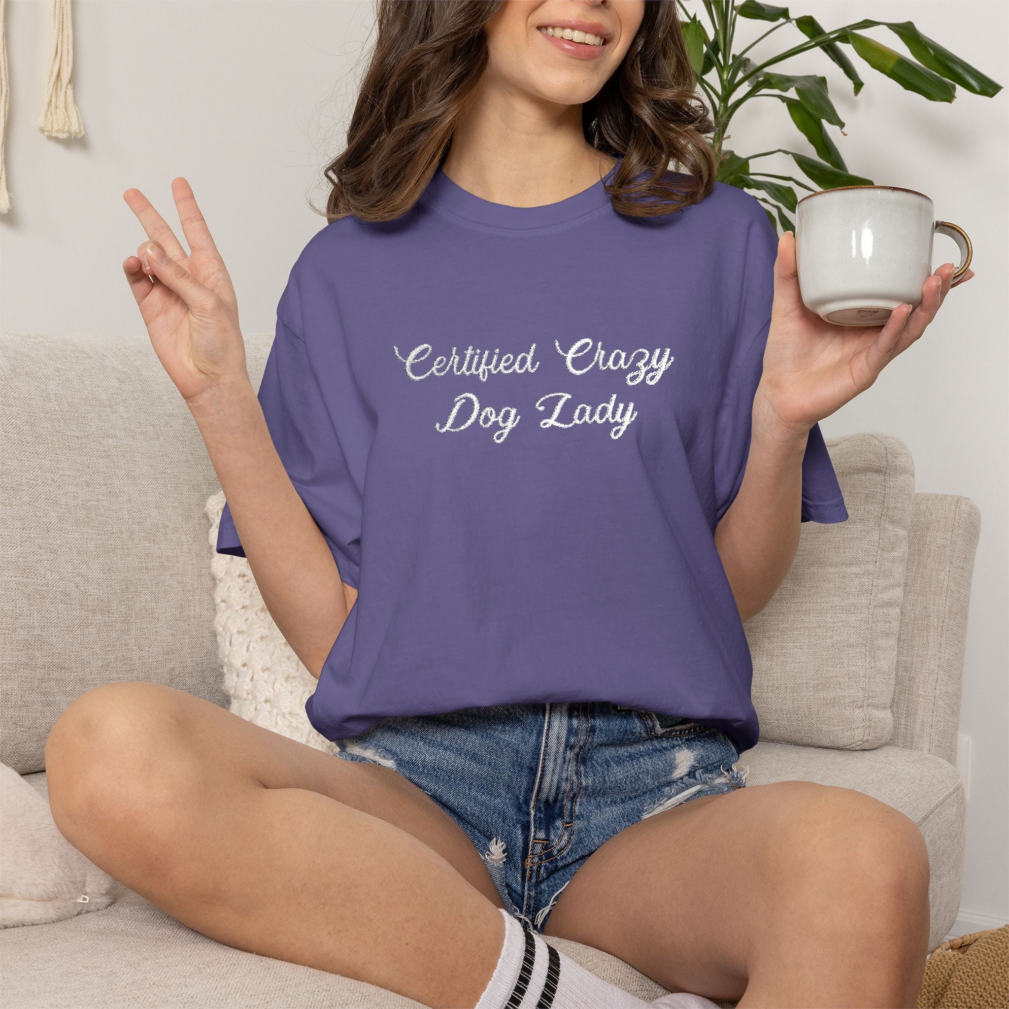 Certified Crazy Dog Lady Embroidered T-Shirt | Funny Dog Mom Tee