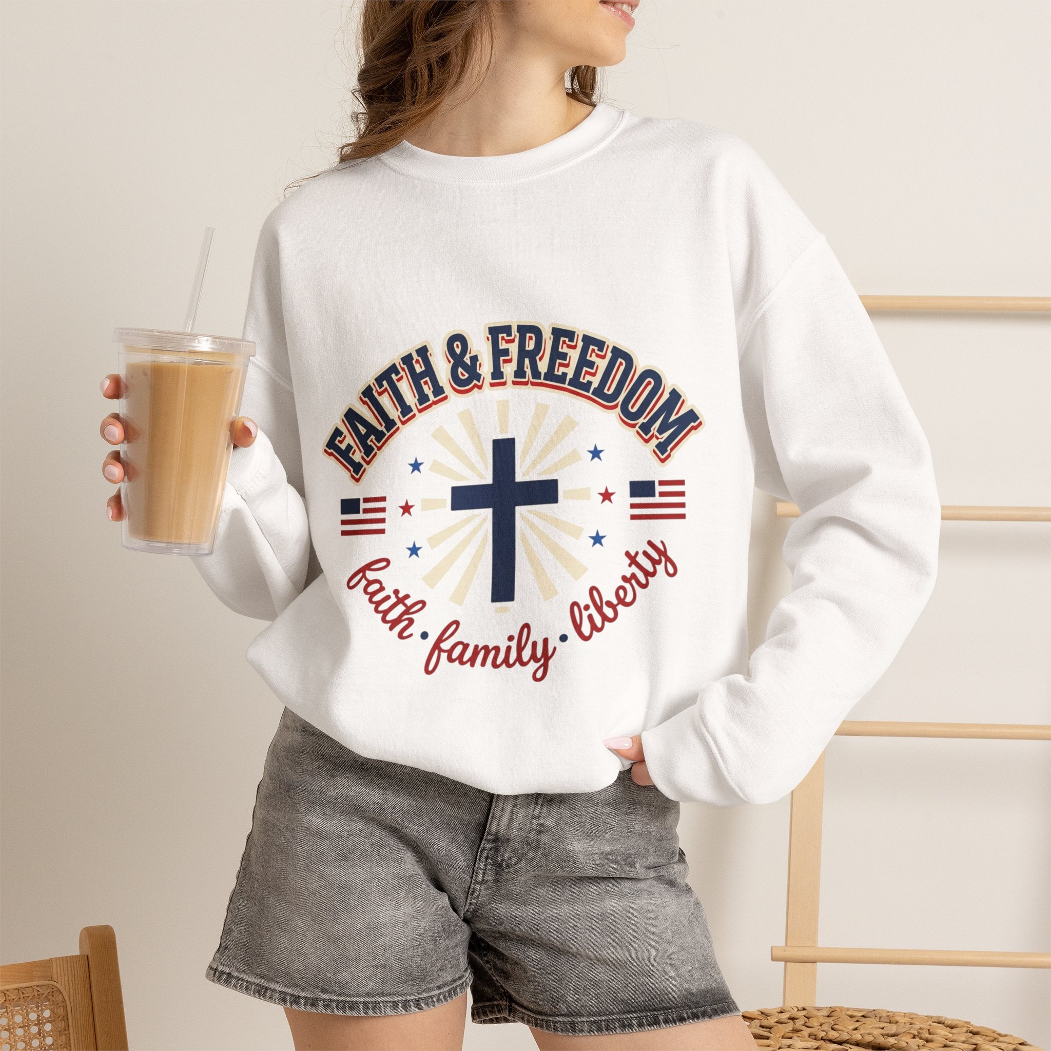 Faith & Freedom cross sweatshirt | Patriotic, faith-based July 4th vintage Americana