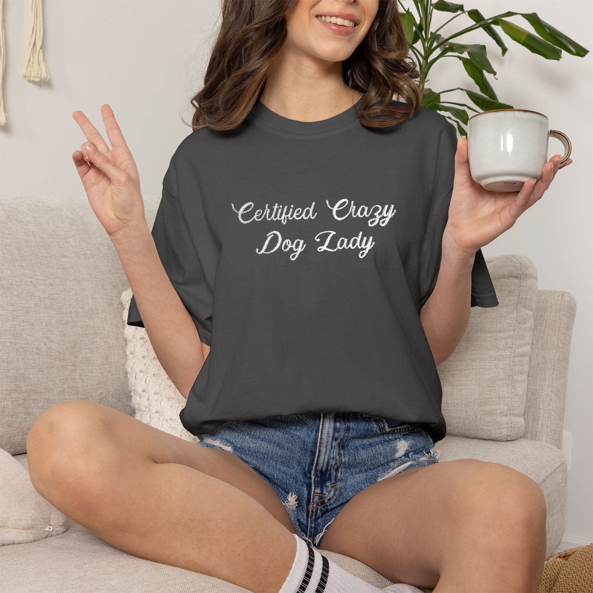 Certified Crazy Dog Lady Embroidered T-Shirt | Funny Dog Mom Tee